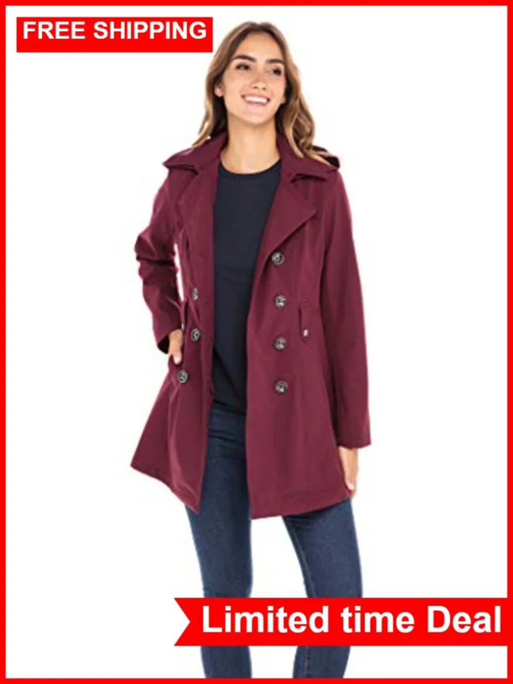 Soft Shell Trench Coat Detachable Hood Double Breasted Belted Women's